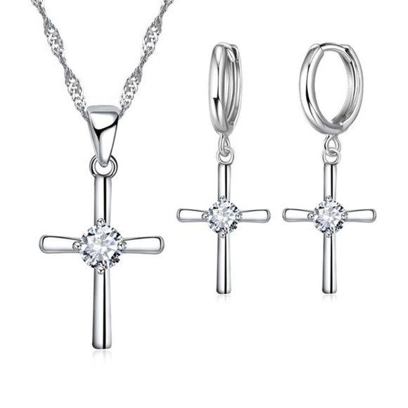 Jewelry - 925 Sterling Silver Cross Necklace and Earrings Set Adorable Gift Ensemble